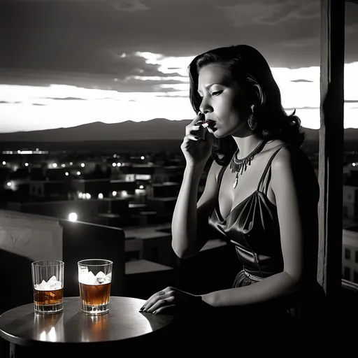 Prompt: dim, night film noir photography, Native American, Femme Fatale, 1947s, smoking a cigarette, holding a  glass of whiskey sour, city  of Santa Fe, New Mexico in background, , shadows