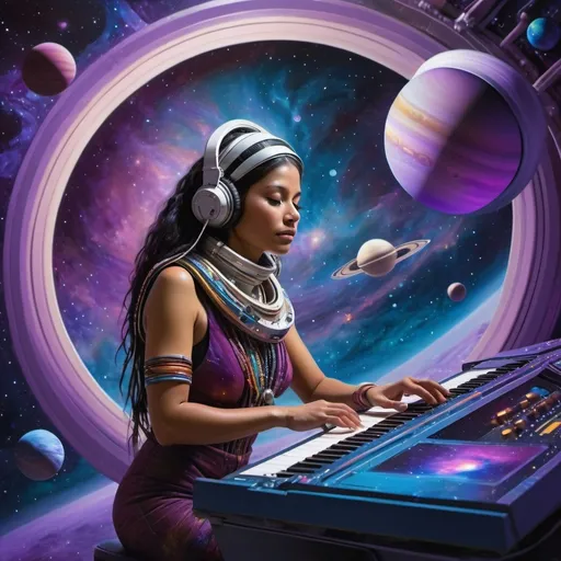 Prompt: Progressive album art  1980,  gorgeous indigenous woman, on Voyager I space craft, plays moog synth,  carries message from  humanity to the cosmos , flying over saturn, painting