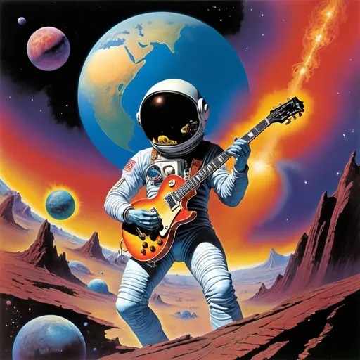 Prompt: psychedelic 1968s space rock album cover,( in style of artist Roger Dean) astronaut  playing 6 string  les paul electric guitar, floating  in outerspace, melting,  (background a supernova), 
 (in helmet visions similar to 2001 space: A space odyessy )(multicolored blend of music and cosmic energy)