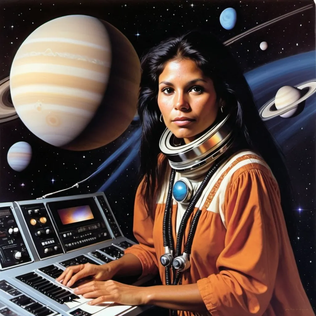 Prompt: Progressive album art  1980,  gorgeous indigenous woman, on Voyager I space craft, plays moog synth,  carries message from  humanity to the cosmos , flying over saturn, painting