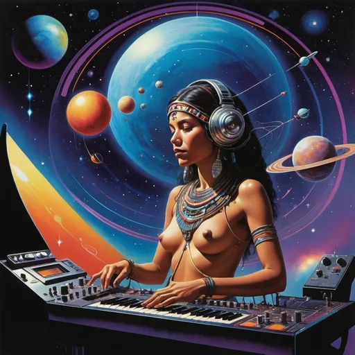 Prompt: Progressive album art circa 1979, attractive indigenous woman on, Pioneer  11  space craft,  playing  Moog synth,  trick of the eye painting