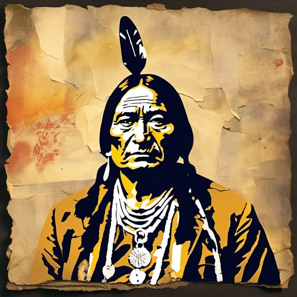 Prompt: Sitting Bull, collage torn  highlights, cut old paper backdrop, bold brushstroke, gritty texture,