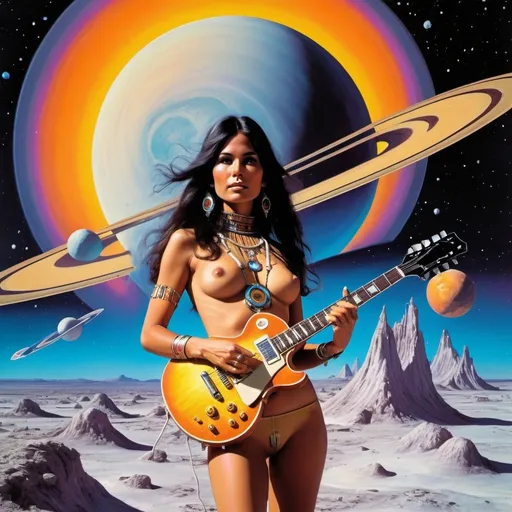 Prompt: Psychedelic 1970's fantasy novel cover, astronaut, and attractive native american  woman, standing on saturn melting, Moog Synth and Les paul guitar, cosmos in background