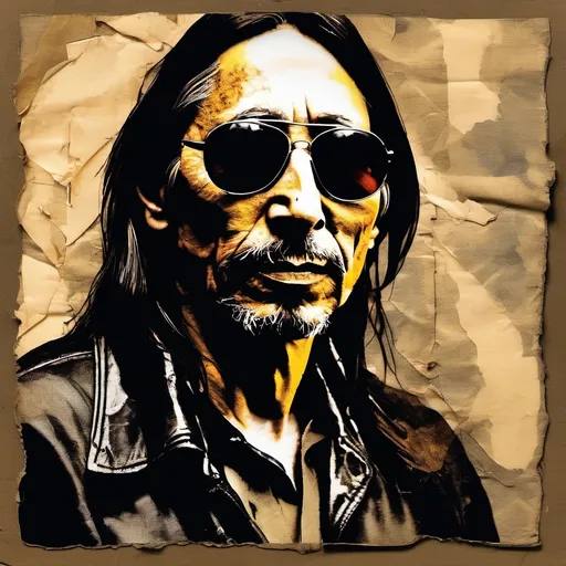 Prompt: John Trudell activist  with sun glasses in background, cut old paper backdrop, bold brushstroke, gritty texture,