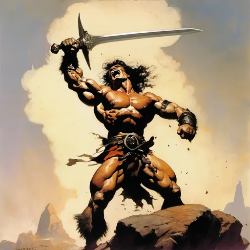 Prompt: Frazetta art, a muscular conan holding a broken sword,  with arms out reached to the sky, yelling in victory after battle,detailed, high quality