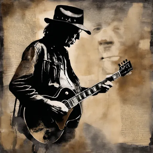 Prompt: Neil Young, with black beauty les paul in background  highlights "once your gone you can't come back" , cut old paper backdrop, bold brushstroke, gritty texture,