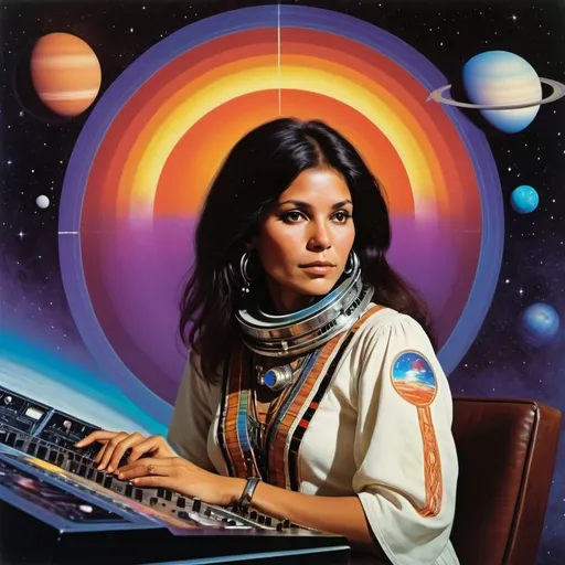 Prompt: Progressive album art 1976, (gorgeous indigenous woman) on Pioneer 10 spacecraft, (playing moog synth), vibrant colors, cosmic scene, (message from humanity to the cosmos), crossing the orbit of Saturn, painted texture, (rich atmospheric depth), blending music and the universe, (imaginative and dreamlike) setting with Saturn's rings elegantly structured in the background, ultra-detailed and high quality.