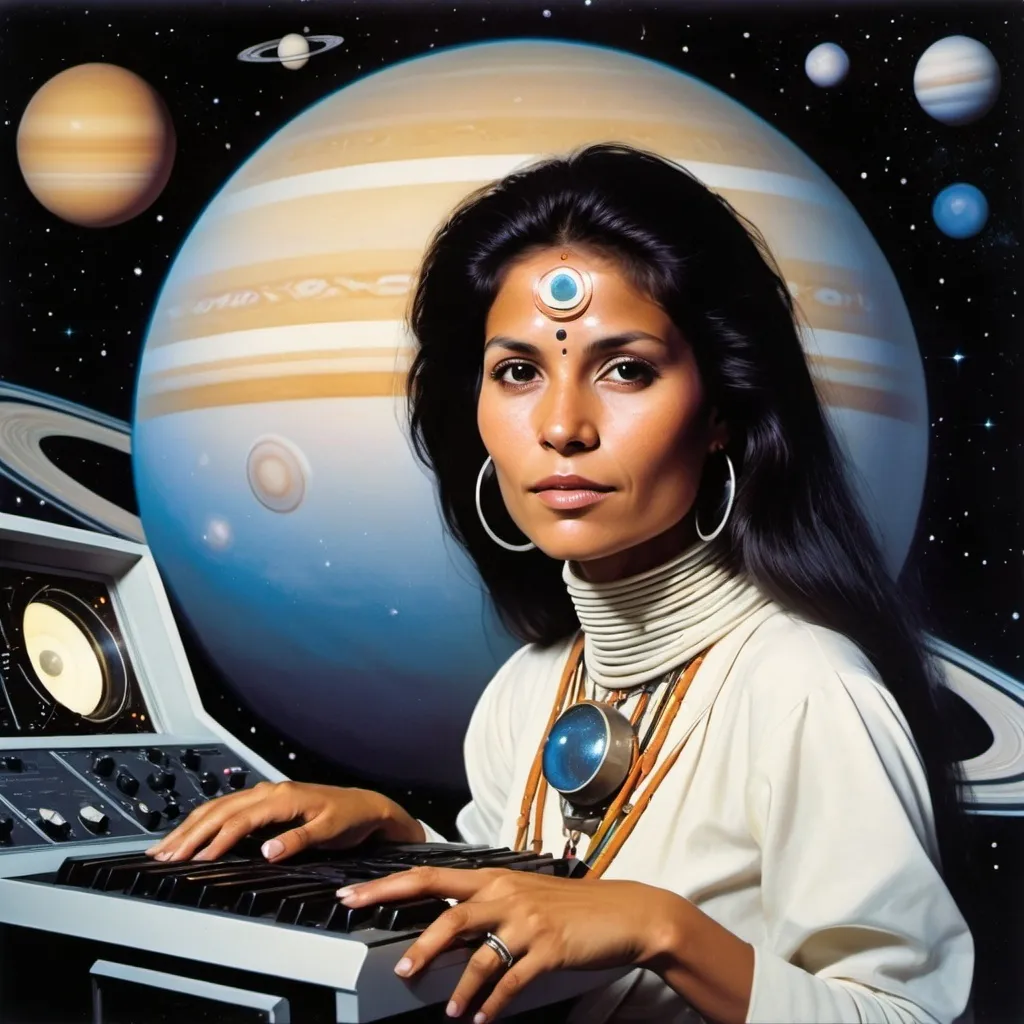 Prompt: Progressive album art  1980,  gorgeous indigenous woman, on Voyager I space craft, plays moog synth,  carries message from  humanity to the cosmos , flying over saturn, painting