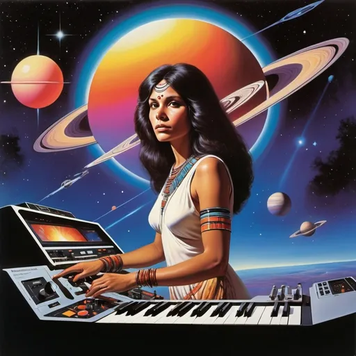 Prompt: Progressive album art  1979,  gorgeous indigenous woman, on Pioneer 11 space craft,  carries message from  humanity to the cosmos , flying over saturn, playing Moog synth,  painting