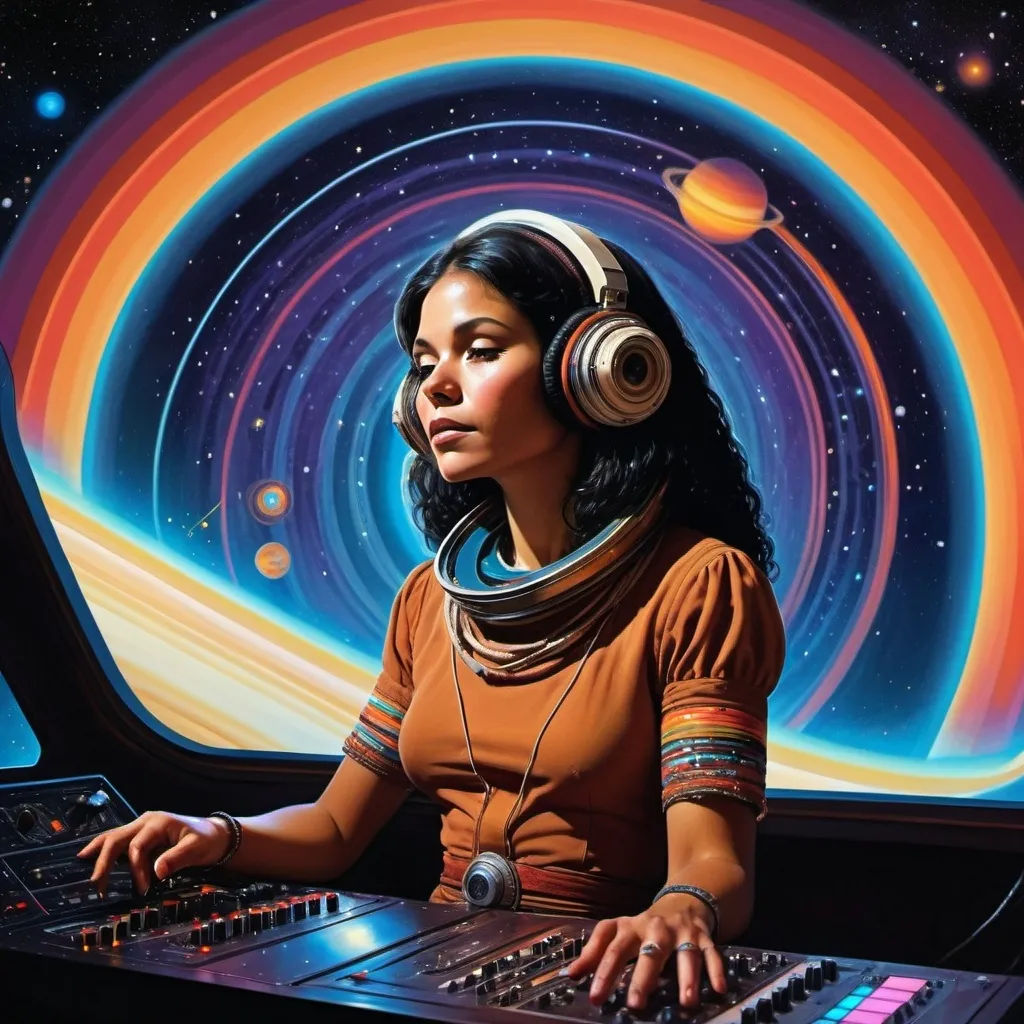 Prompt: Progressive album art  1980,  gorgeous indigenous woman, on Voyager I space craft, plays moog synth,  carries message from  humanity to the cosmos , flying over saturn, painting