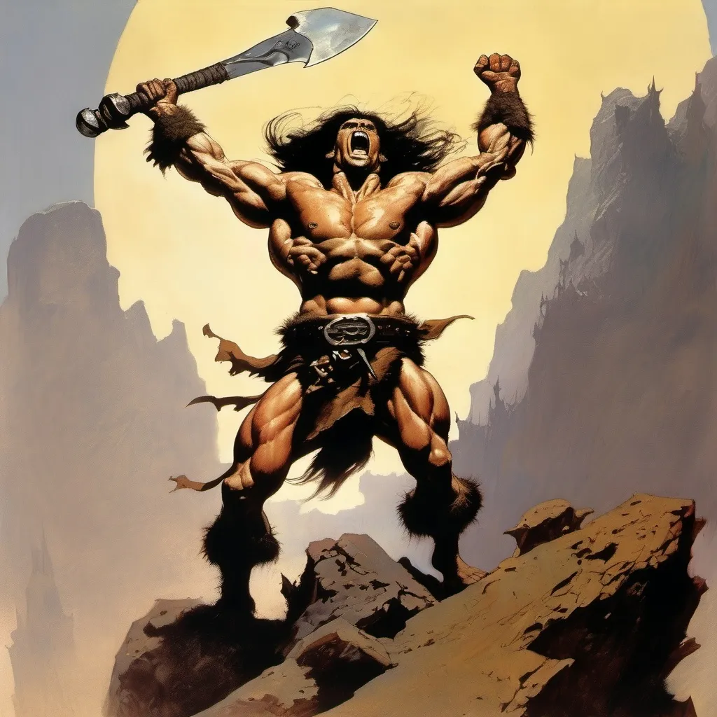 Prompt: frazetta art, muscular  conan holding up an axe in one hand, and a half broken sword in the other hand, yelling upward in victory, detailed, high quality