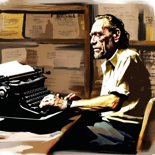 Prompt: Charles Bukowski at typewriter ,  and bar in background brushstroke, gritty texture,