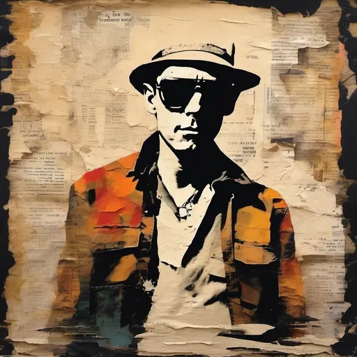 Prompt: Hunter S Thompson  , cut old paper backdrop, bold brushstroke, gritty texture,