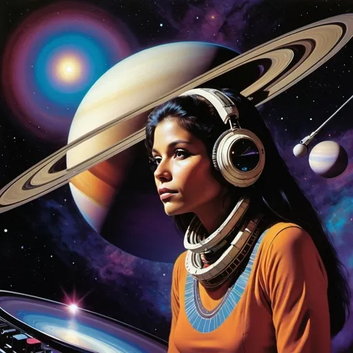 Prompt: Progressive album art 1980, (gorgeous indigenous woman) on Voyager I spacecraft, (playing moog synth), vibrant colors, cosmic scene, (message from humanity to the cosmos), flying over Saturn, painted texture, (rich atmospheric depth), blending music and the universe, (imaginative and dreamlike) setting with Saturn's rings elegantly structured in the background, ultra-detailed and high quality.