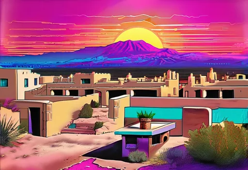 Prompt: retro 80s art, City Santa Fe, New Mexico  , Pueblo style, adobe buildings, retro art, synthwave, sunset and city view in the background, highly detailed