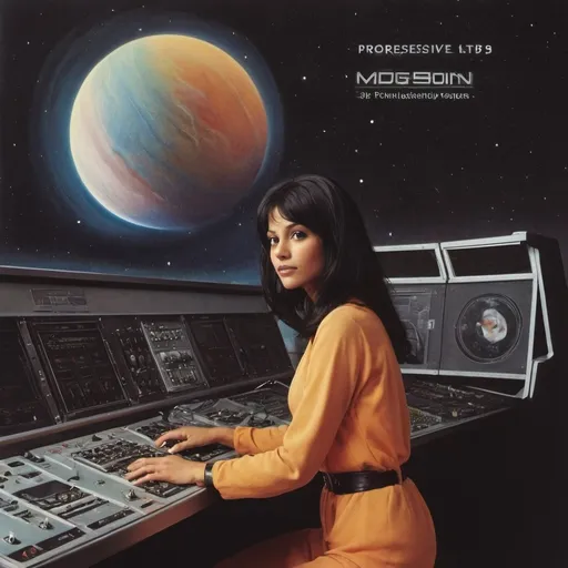 Prompt: Progressive album art 1976, (gorgeous indigenous woman) on Pioneer 10 spacecraft, (playing moog synth), vibrant colors, cosmic scene, (message from humanity to the cosmos), crossing the orbit of Saturn, painted texture, (rich atmospheric depth), blending music and the universe, (imaginative and dreamlike) setting with Saturn's rings elegantly structured in the background, ultra-detailed and high quality.