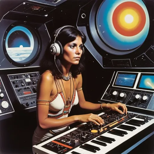 Prompt: Progressive album art circa 1979, attractive indigenous woman on, Pioneer  11  space craft,  playing  Moog synth,  trick of the eye painting