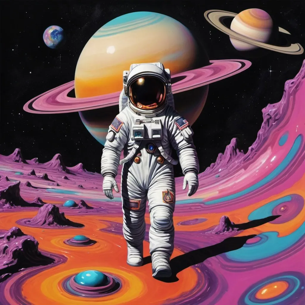 Prompt: psychedelic print astronaut walking in space with a synth in background,  planet saturn, melting, album cover, trick of the eye painting