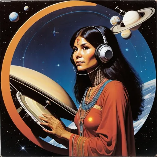 Prompt: Progressive album art  1979,  gorgeous indigenous woman, on Pioneer 11 space craft,  carries message from  humanity to the cosmos , flying over saturn, playing Moog synth,  painting