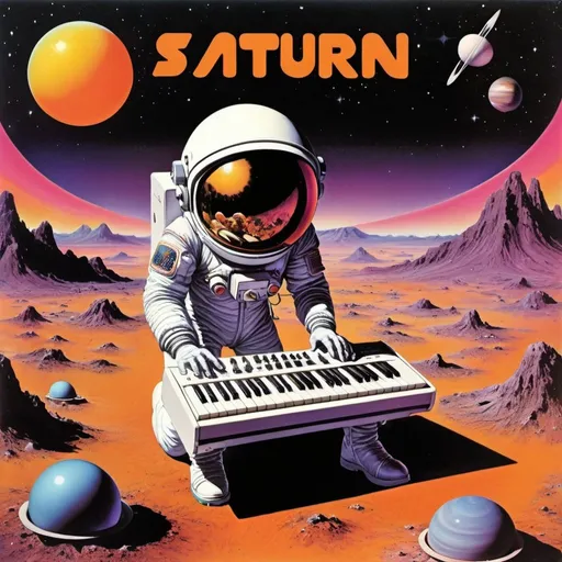 Prompt: Psychedelic 70's progessive rock album cover, astronaut playing Moog synthesizer on the planet saturn, for two atractive alien females 