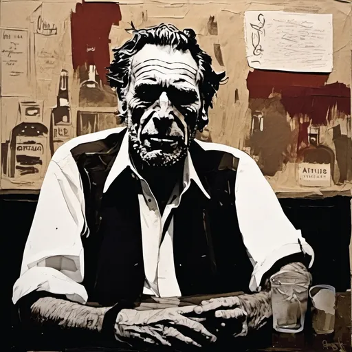 Prompt: Charles Bukowski at bar , cut old paper backdrop, bold brushstroke, gritty texture,