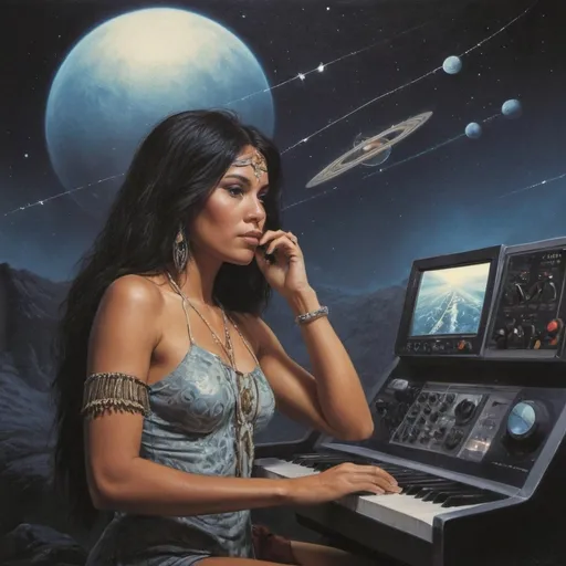 Prompt: 1970s progressive rock album cover,  gorgeous indigenous woman, playing synthesizer, raining diamonds on planet saturn ,painting