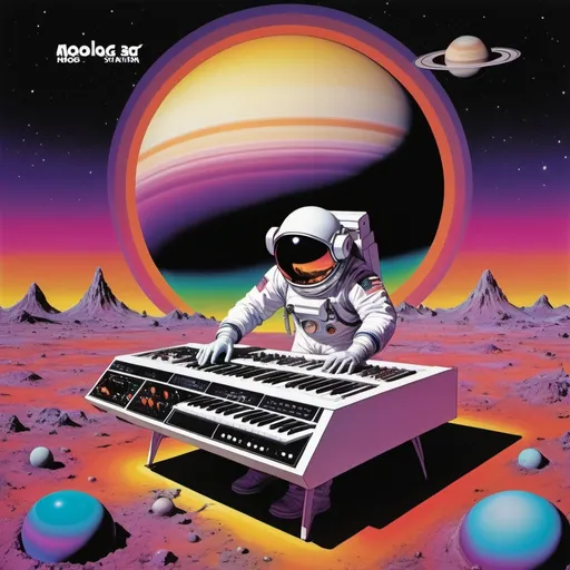 Prompt: Psychedelic 70's Progessive Rock cover, astronaut playing Moog synthesizer on the planet saturn, multicolored background, with Saturn as the title