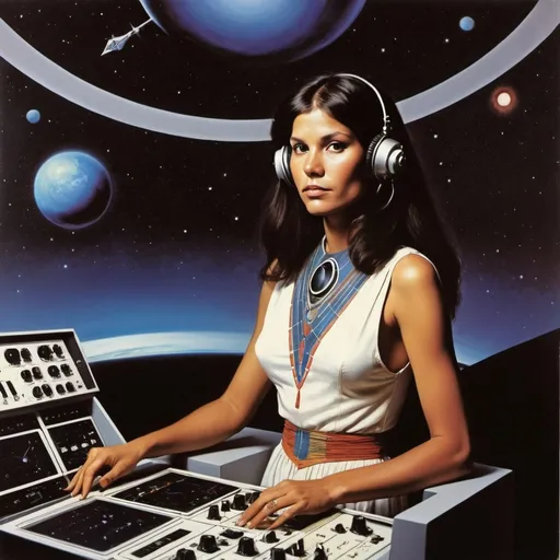 Prompt: Progressive album art  1979,  gorgeous indigenous woman on, Pioneer 11 space craft, playing Moog synth,  painting