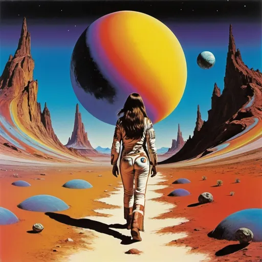 Prompt: Psychedelic 1973 Progessive Rock  similar to Yes album art, American Indian female and astronaut walking in distance holding hands, on a unexplored multicolored planet.