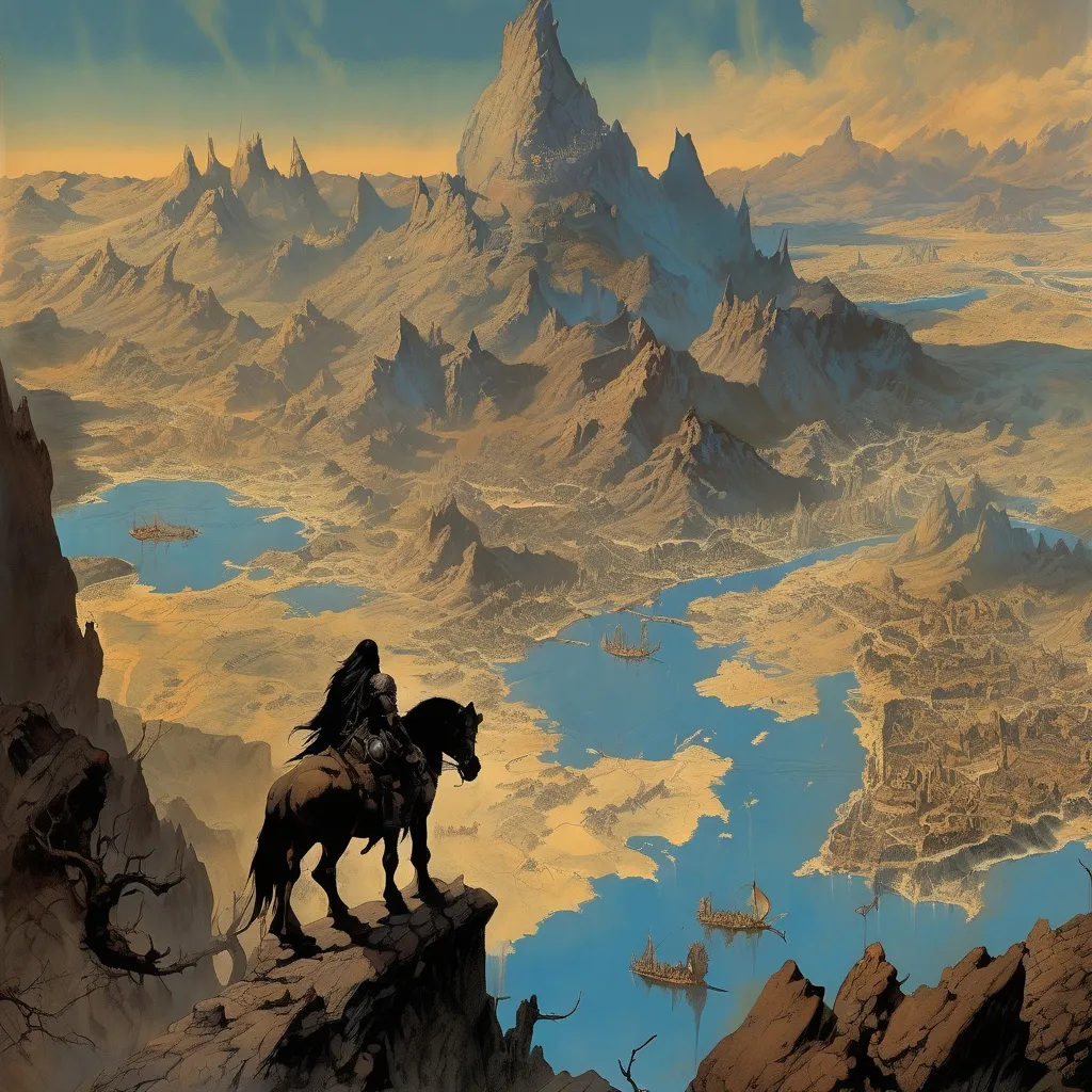 Prompt: Frazetta art, highly detailed map of Hyboria, rich texture, epic fantasy style, mythical landscapes, intricate details showcasing mountains, rivers, and cities, dramatic color tones, warm earth tones mixed with deep blues, immersive atmosphere, ancient symbols, ultra-detailed, 4K quality, cinematic masterpiece capturing the essence of Hyboria's vastness and adventure.