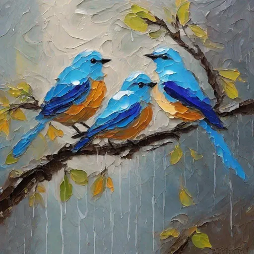 Prompt: Stylized rough mountain blue birds on a branch on  in the rain impressionistic painting with large palette-knife