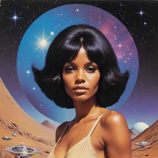 Prompt:  1970's, concept album  cover art, woman with black hair and brown skin, vast cosmos in background