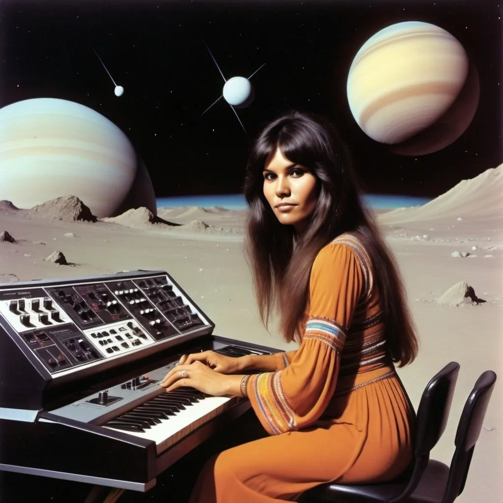 Prompt: 1970's prog rock , attractive indigenous woman 1971 playing synthesizer, on planet saturn ,album cover, in style of band Yes