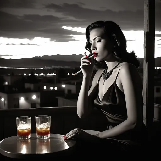 Prompt: dim, night film noir photography, Native American, Femme Fatale, 1947s, red lipstick smoking a cigarette, holding a  glass of whiskey sour, city  of Santa Fe, New Mexico in background, , shadows