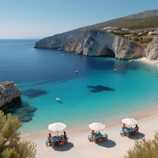 Prompt: a sea in the greek islands surronded by people eating delicious food on the sunny beach