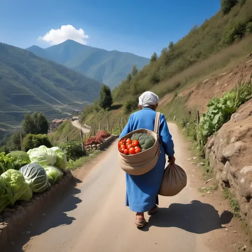 Prompt: An old woman carrying a big traditional bag at her back with vegetables inside walking down a mountain road and garden around the mountain with clear blue sky 