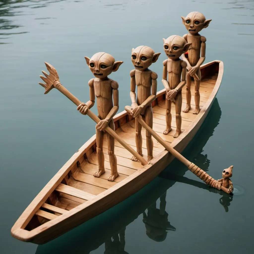 Prompt: boat small wooden paddle with humanoid creatures in it