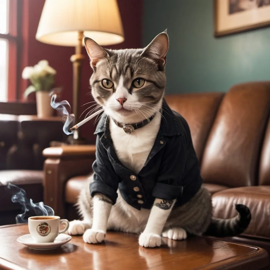 Prompt: A short hair cat sitting on top of a coffee table smoking a cigarette. Cat has rockabilly style clothes on and the overall style is from the 50s