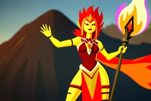 Prompt: yellow-skinned fire sorceress, with fire scepter, flaming skirt, who comes from another planet with a volcanic background
