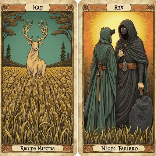 Prompt: Tarot deck based on the Domus Fanarra – The Harvest Keepers 🌾🐺
 "Between life and death, we stand as guardians of the fields and the unseen."
Inspired by: The Benandanti, the good witches who fought in spirit battles for the fertility of the land.Magic: Dream-walking, plant magic, healing, and battle against dark spirits. Symbol: A sheaf of wheat crossed with a wolf’s fang.
Rituals: During the solstices, their spirits leave their bodies to fight the Malandanti, defending the harvest from blight and famine. They conduct dream rituals in hidden groves, where they commune with the spirits of the land.
Patron Spirits: The Green Stag of the Forest and the Shadow Wolf that guards the threshold.
🌾 Domus Fanarra – The Harvest Keepers 🐺🌿
 Colors: Golden Wheat, Deep Green, Earthy Brown, and Amber
Why? These colors reflect the fields of grain, fertile soil, and the greenery of sacred groves. Amber adds a touch of the supernatural, representing the light of spirits in the dark.
Heraldry: A golden stag standing in a wheat field, with a wolf’s shadow behind it.
Sigil: A sheaf of wheat crossed with a wolf’s fang, symbolizing the balance between life and death.
Fashion Style:
Earth-toned tunics and cloaks, practical for working with nature.
Embroidered symbols of harvest and protection stitched into their garments.
Wide belts with pouches for herbs, talismans, and sacred seeds.
Hoods lined with fur to honor the wolf spirit that guards their dreams.Boots made from soft leather, allowing them to walk silently through fields and forests.Accessories:Woven bracelets of straw or vines for good fortune.Amber beads in necklaces, said to contain the warmth of the sun.Small bone carvings of wolves or deer, worn as pendants.