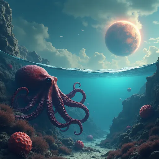 Prompt: an octopus, underwater planets with a lot of small octopuses, with multiple planets overlooking the sky