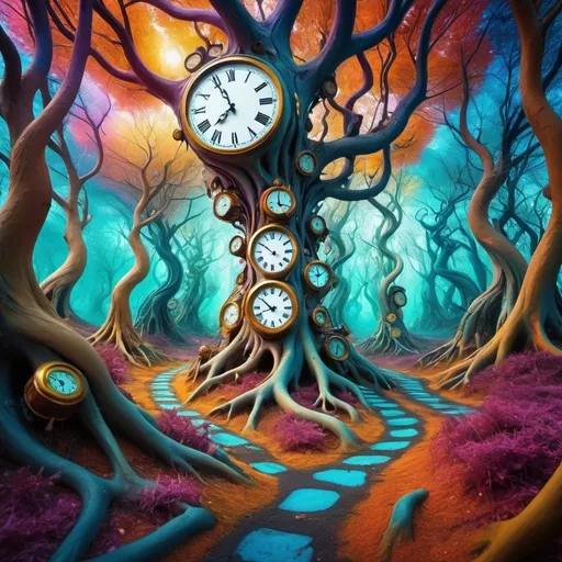 Prompt: Surrealistic dreamscape of a twisted forest, vibrant and surreal colors, dreamy and distorted perspective, melting clocks, bizarre creatures merging with nature, high quality, surrealism, vibrant colors, twisted landscape, dreamy perspective, melting clocks, bizarre creatures, professional, dreamlike lighting