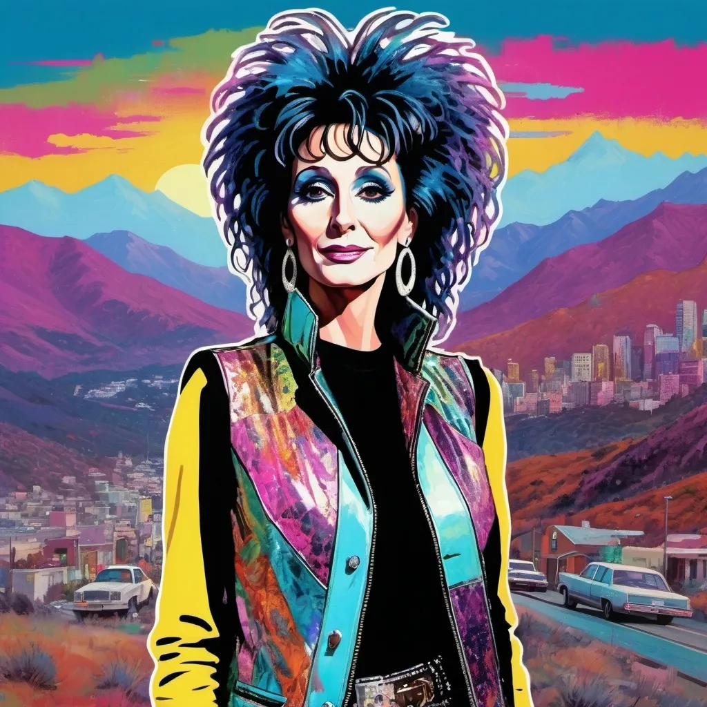 Prompt: Happy Cher as Norma Desmond as Rod Stewart as Homeless Vagrant Derelict Mighty Warrior Hippie Empress Queen with Long Curly Kaleidoscopic Hair Wearing Kaleidoscopic Leather Turtleneck Vest Above Futuristic Hollywood Hills in Leroy Neiman Basquiat Jackson Pollock Vaporwave Retrowave and Cyberpunk Style
