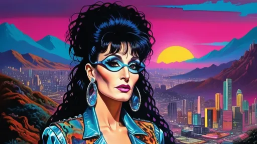 Prompt: Cher as (Norma Desmond), (Rod Stewart), (homeless vagrant derelict mighty warrior hippie empress queen), long curly (kaleidoscopic hair), wearing kaleidoscopic leather turtleneck vest, dramatic and vibrant color palette, futuristic Hollywood Hills in the background, deeply expressive ambiance, (Leroy Neiman), (Basquiat), (Jackson Pollock), vividly illustrated styles, rich details, (vaporwave), (retrowave), (cyberpunk) influences, ultra-detailed, captivating and surreal.