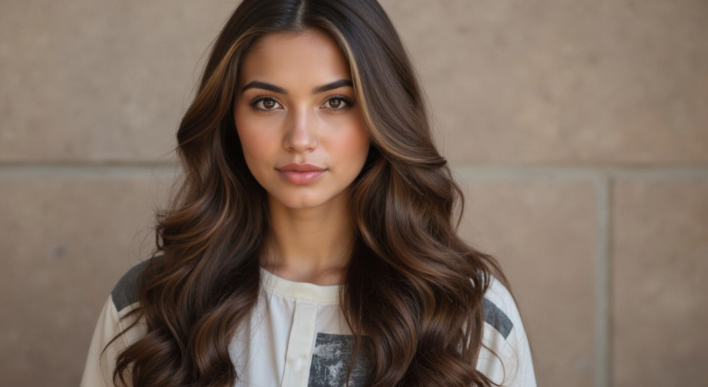 Prompt: a woman with long hair and a white shirt is posing for a picture with a wall behind her and a brown background, Elina Karimova, superflat, kai carpenter, a portrait