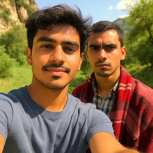 Prompt: Two young men stand closely together, capturing a selfie against a vibrant, sunlit outdoor backdrop. One is in the foreground, sporting a casual gray t-shirt and a slight smile, while the other stands slightly behind, wearing a red and white checked shawl over a plaid shirt, with a serious expression. The background reveals lush greenery and hints of rocky terrain, indicating a natural setting, possibly during the day in pleasant weather. The image is richly colored, with warm tones suggesting a bright atmosphere, and the focus is sharp on the subjects, creating an intimate, lively mood that conveys their camaraderie.