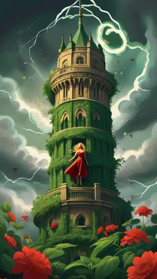 Prompt: Uma capa para um livro com base nesse tenho colocar cor verde nas folhas e vermelhas nas flores, no céu está um caos tempestade. no alto da torre está iluminado e no meio da barriga dela também, cor dourada. coloque uma mulher no meio com cabelos enrolados até o fim das margens com a parte de baixo do corpo em formato de raizes e a parte de cima se conectando com a torre. no céu deverá ter um círculo de vendo como se fosse uma casca de girassol e uma lua e um sol. no meio da barriga da mulher devera ter um círculo que será um portal para outro mundo, lembrando que o círculo é dourado e brilha