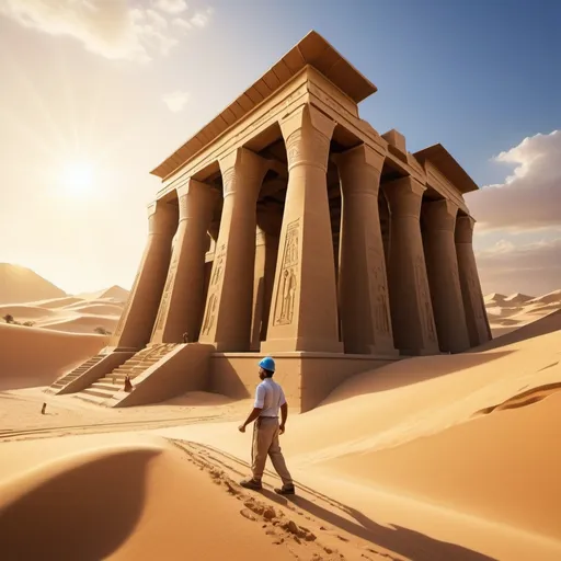 Prompt: (Egyptian civil engineer), architecturally intricate temple under construction, golden sunlight illuminating the scene, (desert landscape) with towering sand dunes in the background, (ancient Egyptian motifs) decorating the temple, skilled craftsmanship on display, dynamic action poses, dramatic shadows creating depth, (vivid colors) reflecting the ancient culture, high quality, ultra-detailed, capturing the essence of historical engineering and artistry.