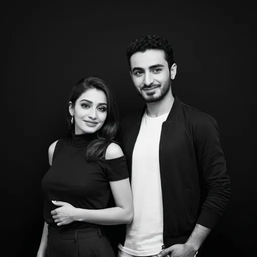 Prompt: a man and woman posing for a picture together in black and white clothes, with a black background and a black backdrop, Amir Zand, lyco art, promotional image, a stock photo