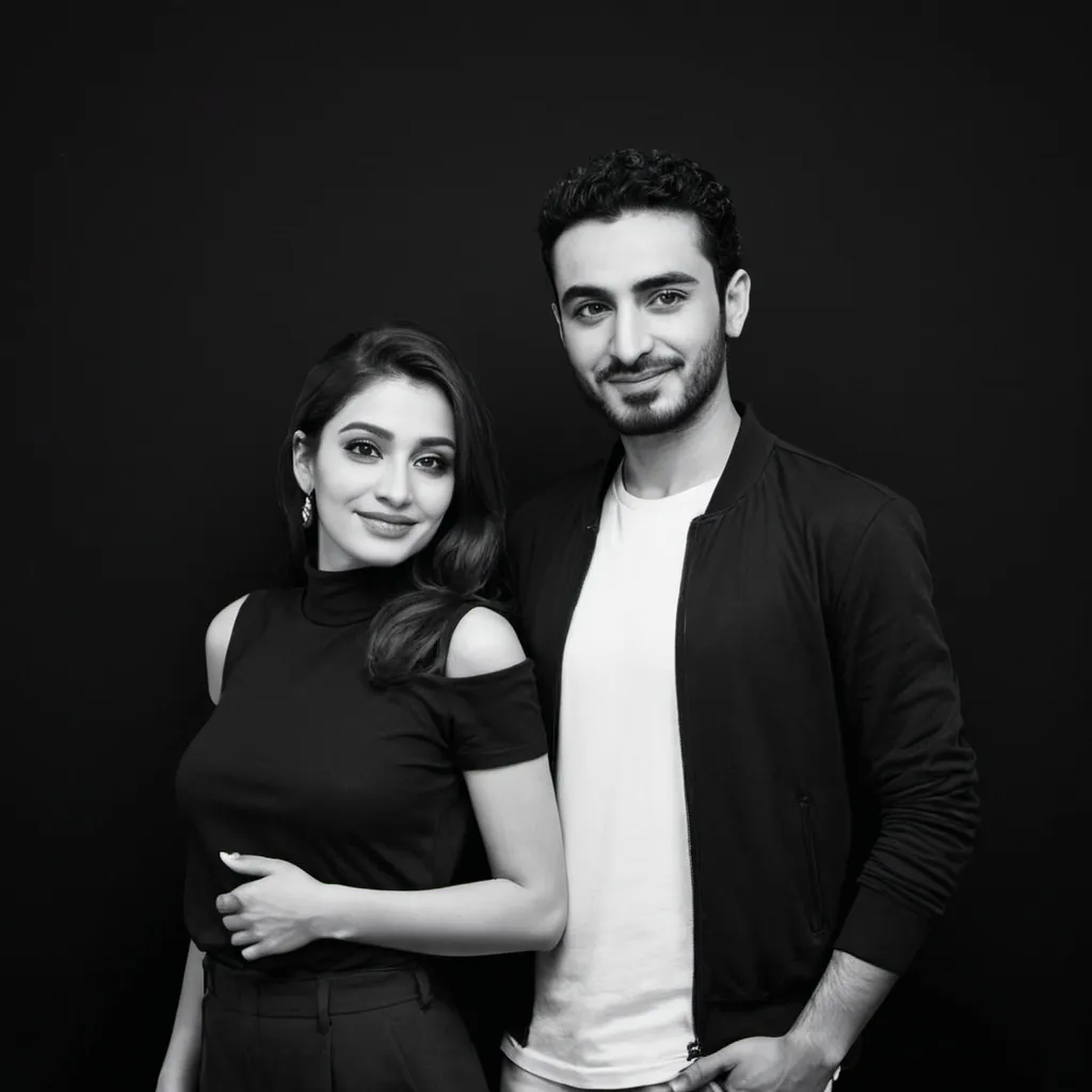 Prompt: a man and woman posing for a picture together in black and white clothes, with a black background and a black backdrop, Amir Zand, lyco art, promotional image, a stock photo